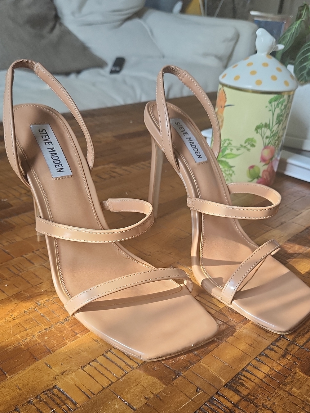Steve Madden Camel Square-Toe Stiletto Sandals- 9 but fits like a 9.5!